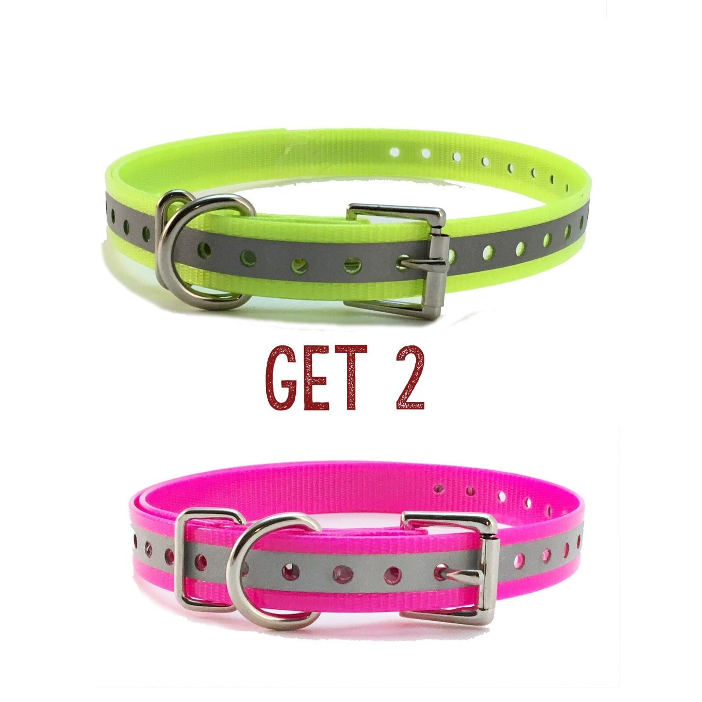 (2) Sparky Pet Co 3/4" Roller Buckle High Flex Dog Strap - Reflective 1 - Pink/ 1 - Yellow
