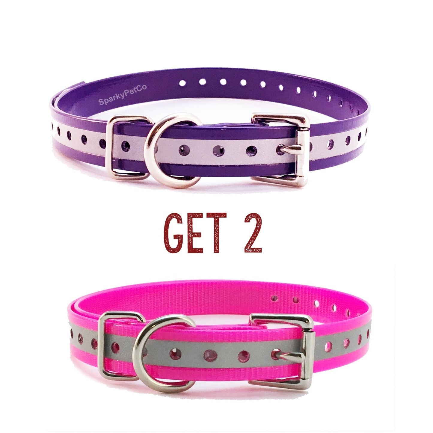 (2) Sparky Pet Co 3/4" Roller Buckle High Flex Dog Strap - Reflective 1 - Pink, 1 - Purple