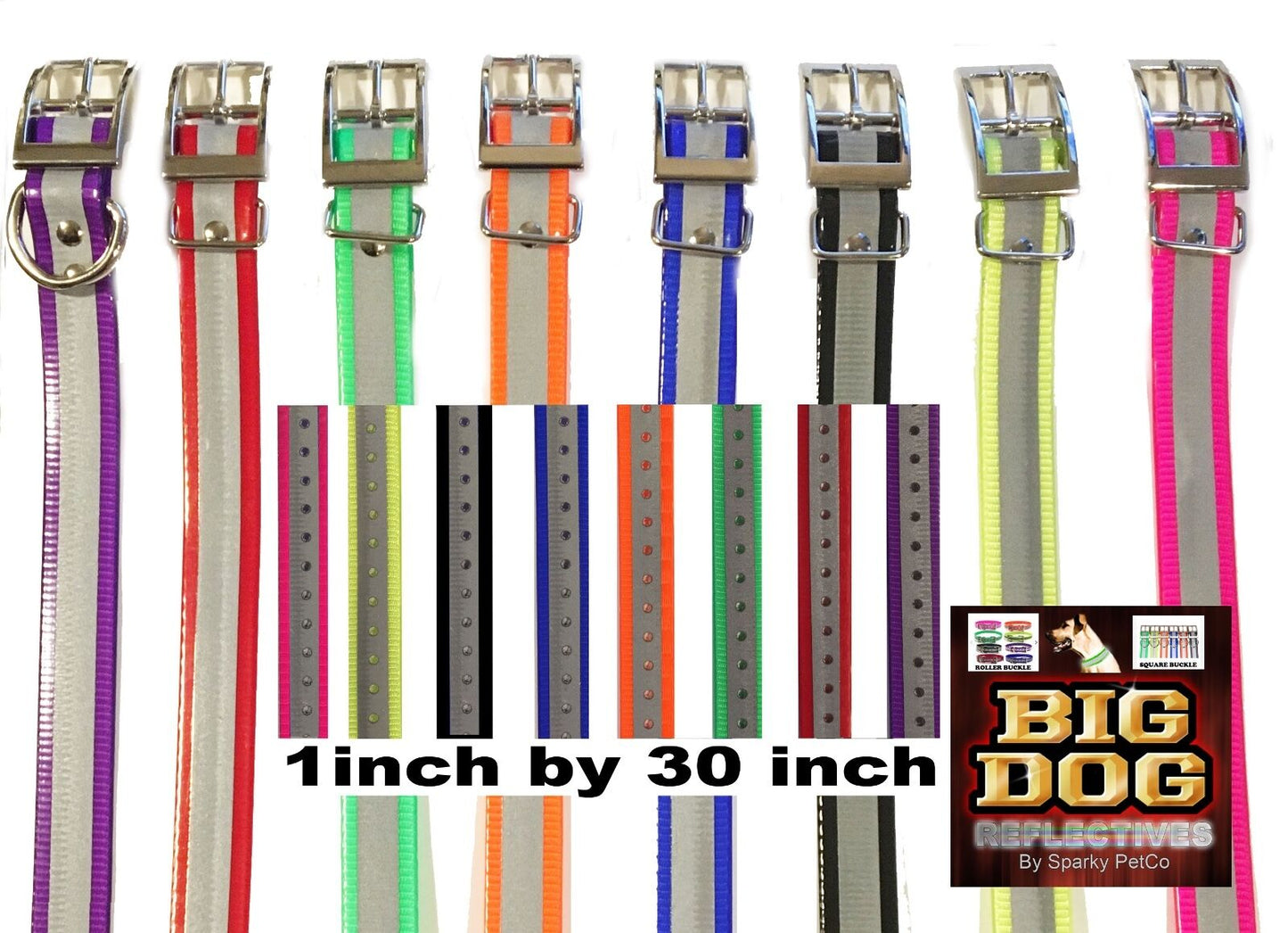(2) Sparky Pet Co 1" Square Buckle High Flex Dog Strap - Reflective 1 - Green/ 1 - Orange