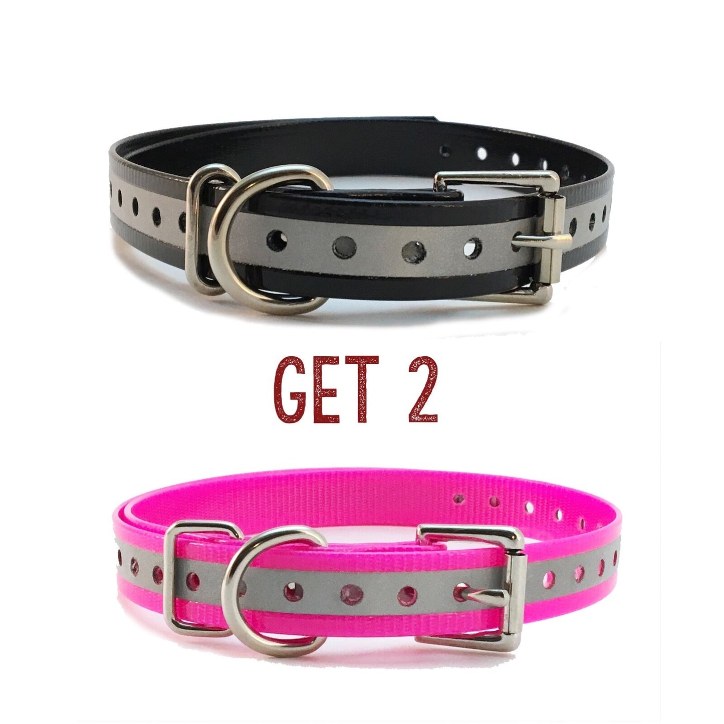 (2) Sparky Pet Co 3/4" Roller Buckle High Flex Dog Strap - Reflective 1 - Black / 1 - Pink