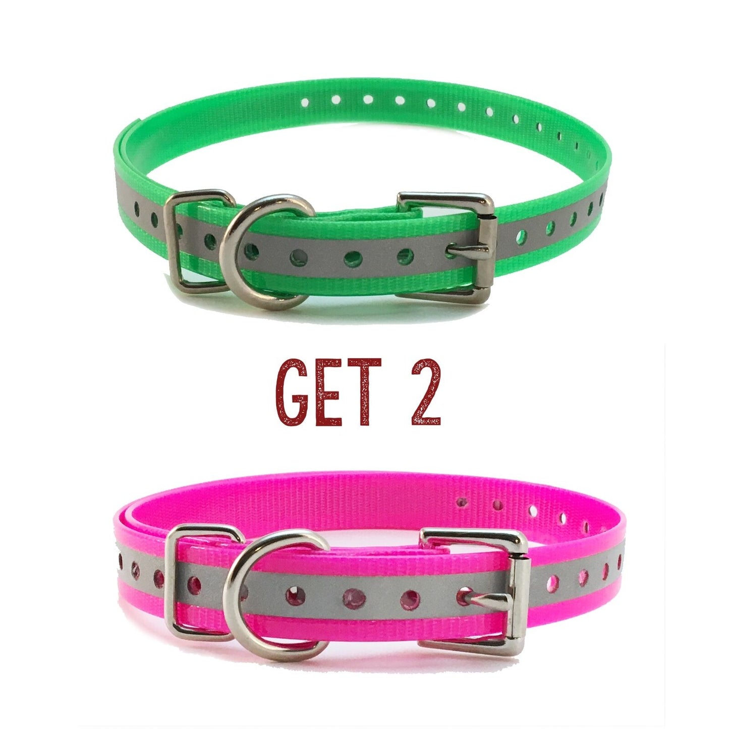 (2) Sparky Pet Co 3/4" Roller Buckle High Flex Dog Strap - Reflective - 1 - Green / 1 - Pink