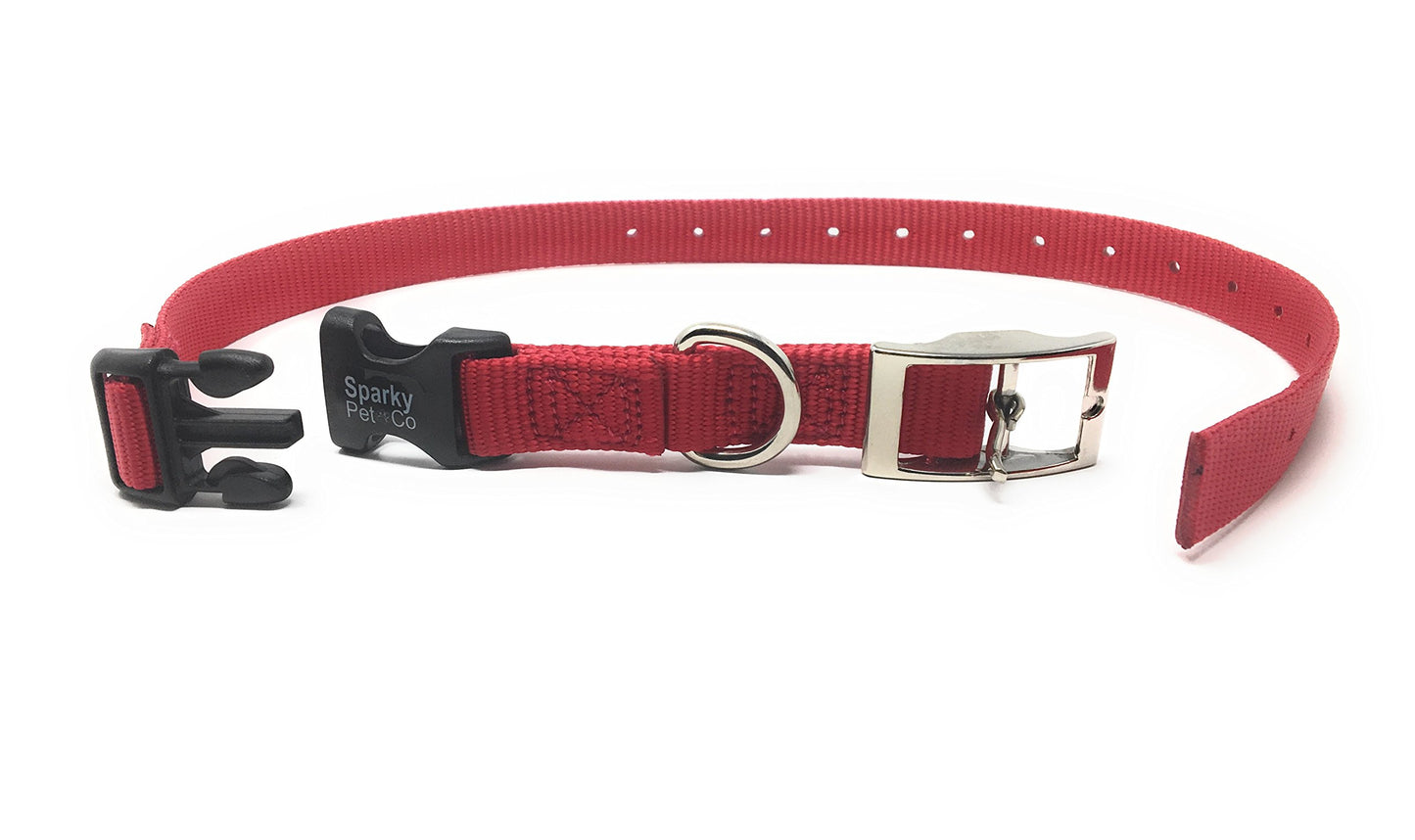 Sparky Pet Co - ECollar Replacement Strap - Easy Release Double Buckle Dog Collar - Rugged Nylon - Adjustable - D Ring - Quick Release Metal Clasp - for Invisible Fence Systems - 3/4" x 24"- Red