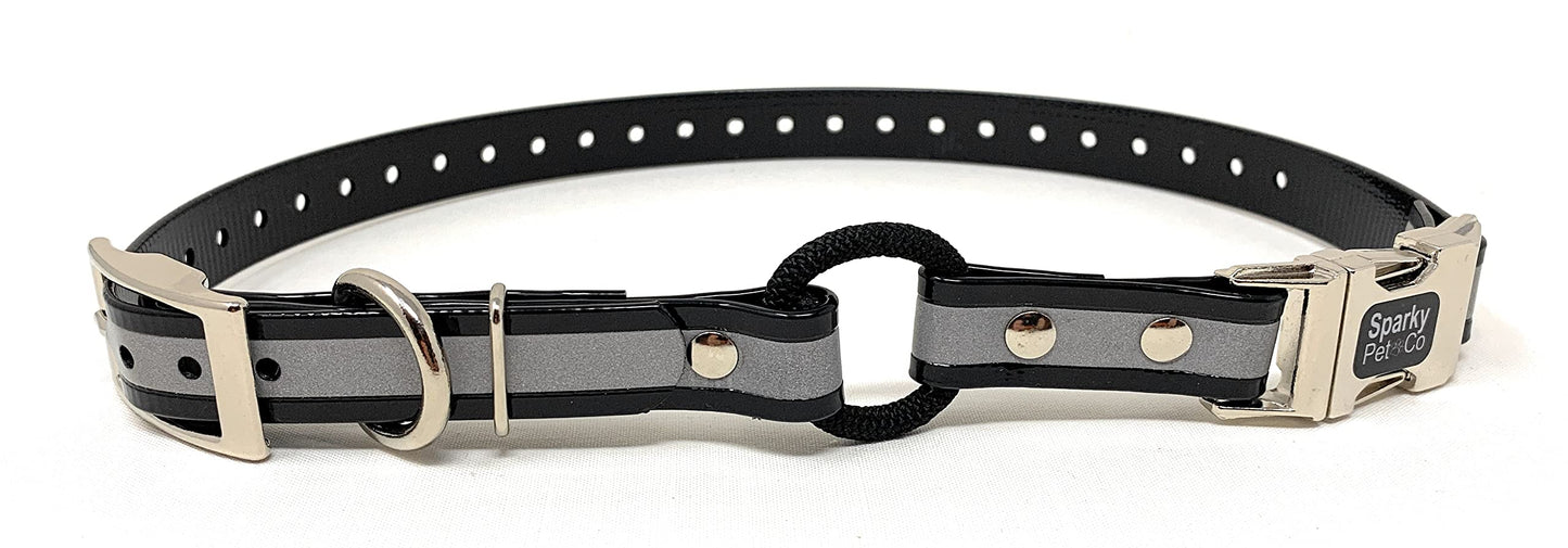 Sparky Pet Co - Zeus ECollar Replacement Strap - Bungee Loop Dog Collar - Waterproof Biothane - Adjustable - Double Buckle - Quick Snap Metal Clasp - Invisible Fence Systems - 3/4" x 28"- Reflective Black