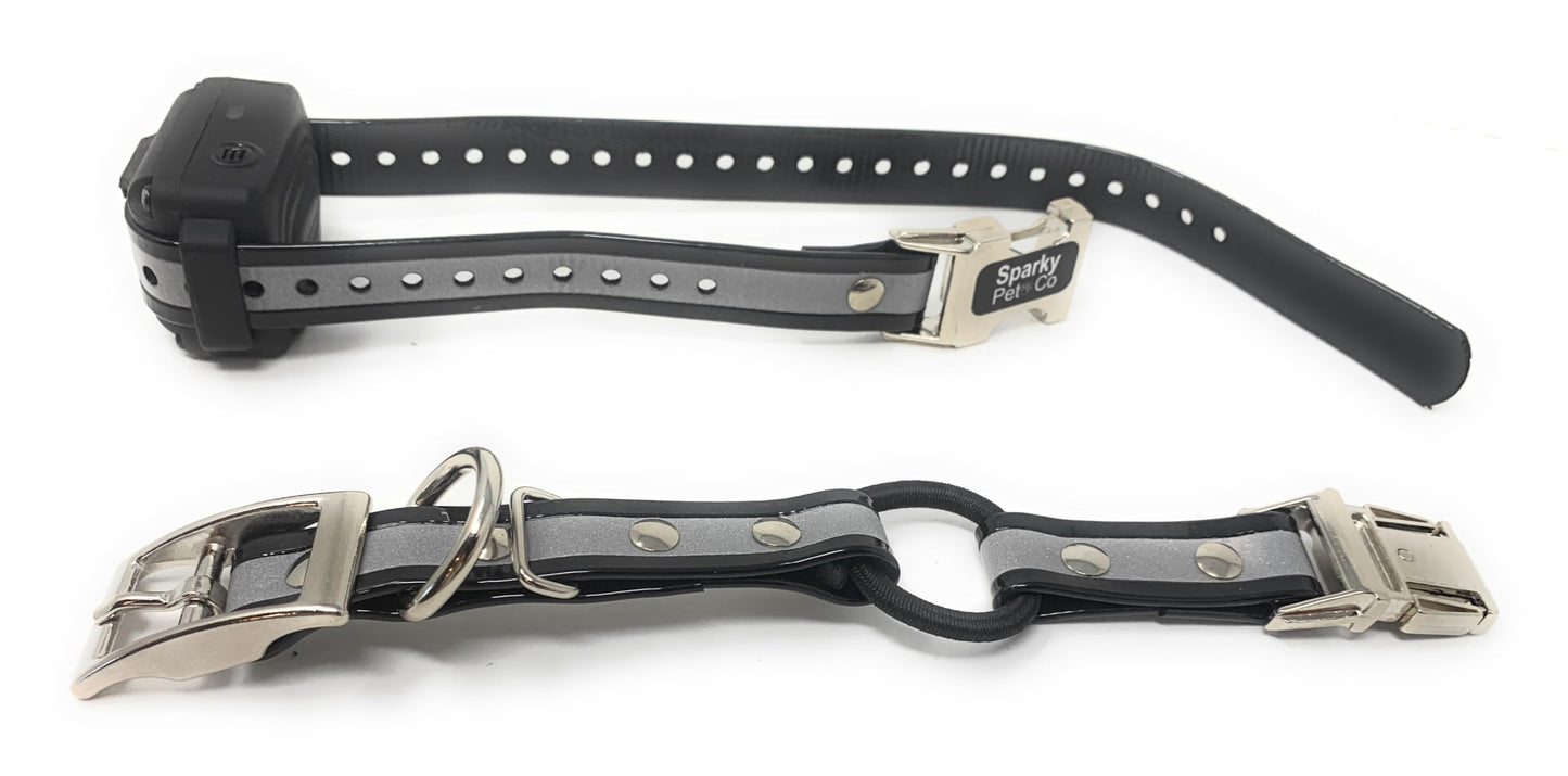 Sparky Pet Co - Zeus ECollar Replacement Strap - Bungee Loop Dog Collar - Waterproof Biothane - Adjustable - Double Buckle - Quick Snap Metal Clasp - Invisible Fence Systems - 3/4" x 28"- Reflective Black