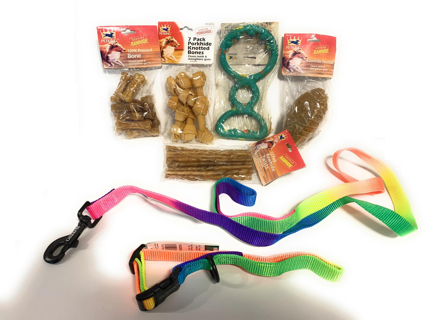 Pet Pride Rawhide Dog Treats, Knotted Bones, Braided Chews, Leash, and Collar Set (3/4" Width Leash and 14"-20" Collar)
