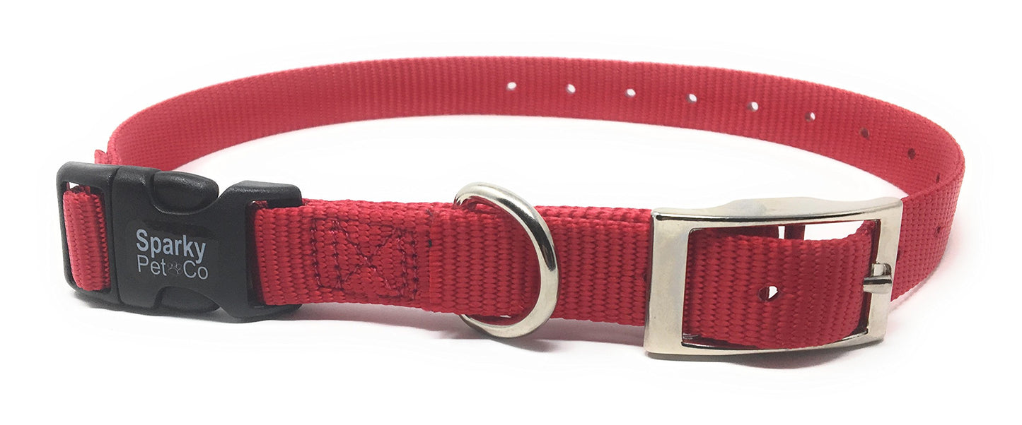 Sparky Pet Co - ECollar Replacement Strap - Easy Release Double Buckle Dog Collar - Rugged Nylon - Adjustable - D Ring - Quick Release Metal Clasp - for Invisible Fence Systems - 3/4" x 24"- Red