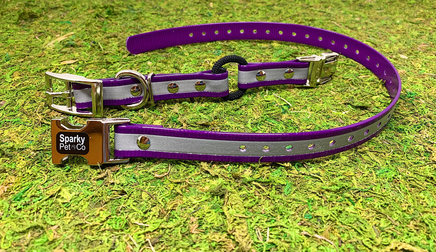 Sparky Pet Co - Zeus ECollar Replacement Strap - Bungee Loop Dog Collar - Waterproof Biothane - Adjustable - Double Buckle - Quick Snap Metal Clasp - Invisible Fence Systems - 3/4" x 28" - Reflective Purple