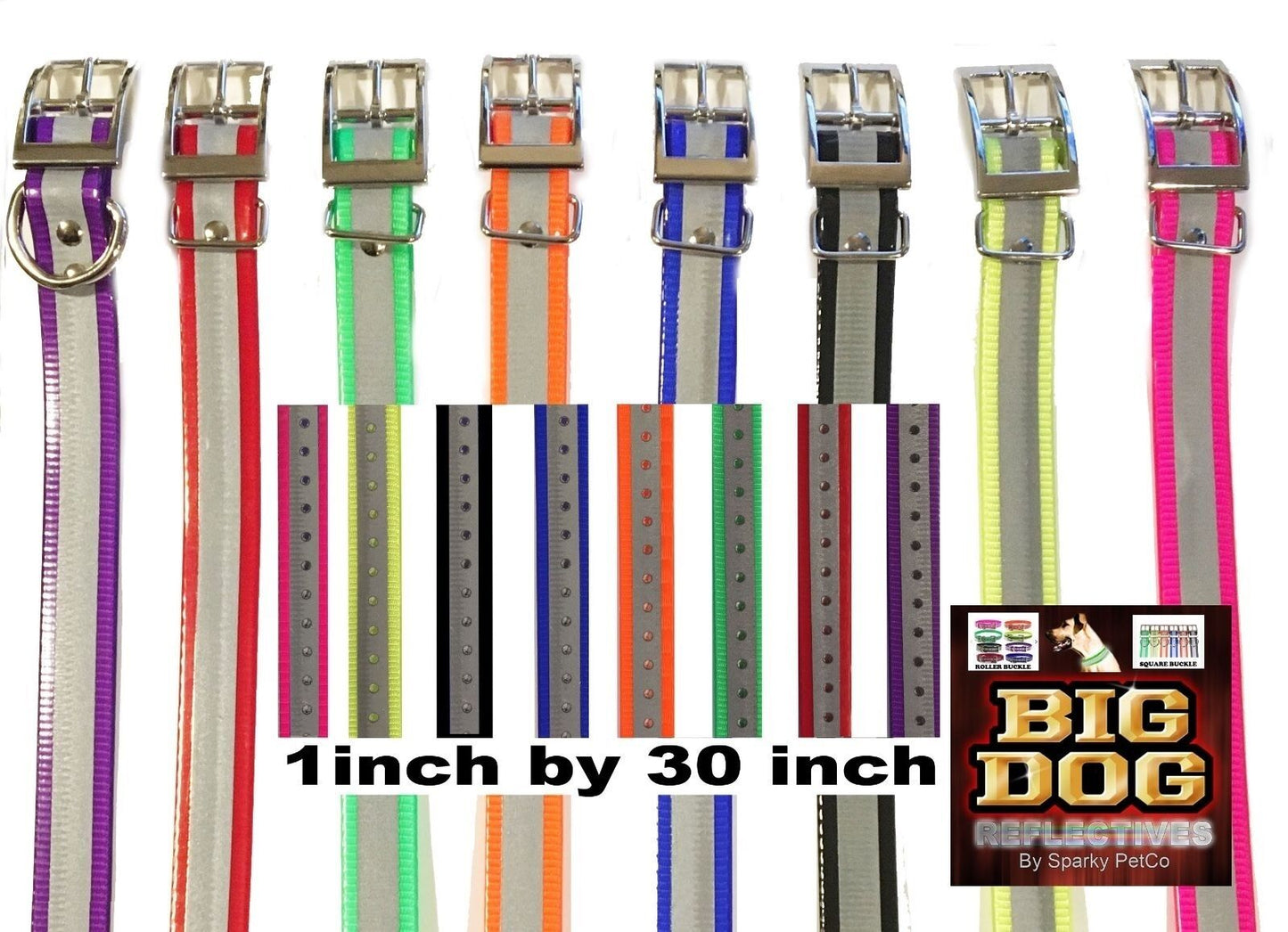 Sparky Pet Co 1" 2- Green Reflective Square Buckle High Flex Dog Strap