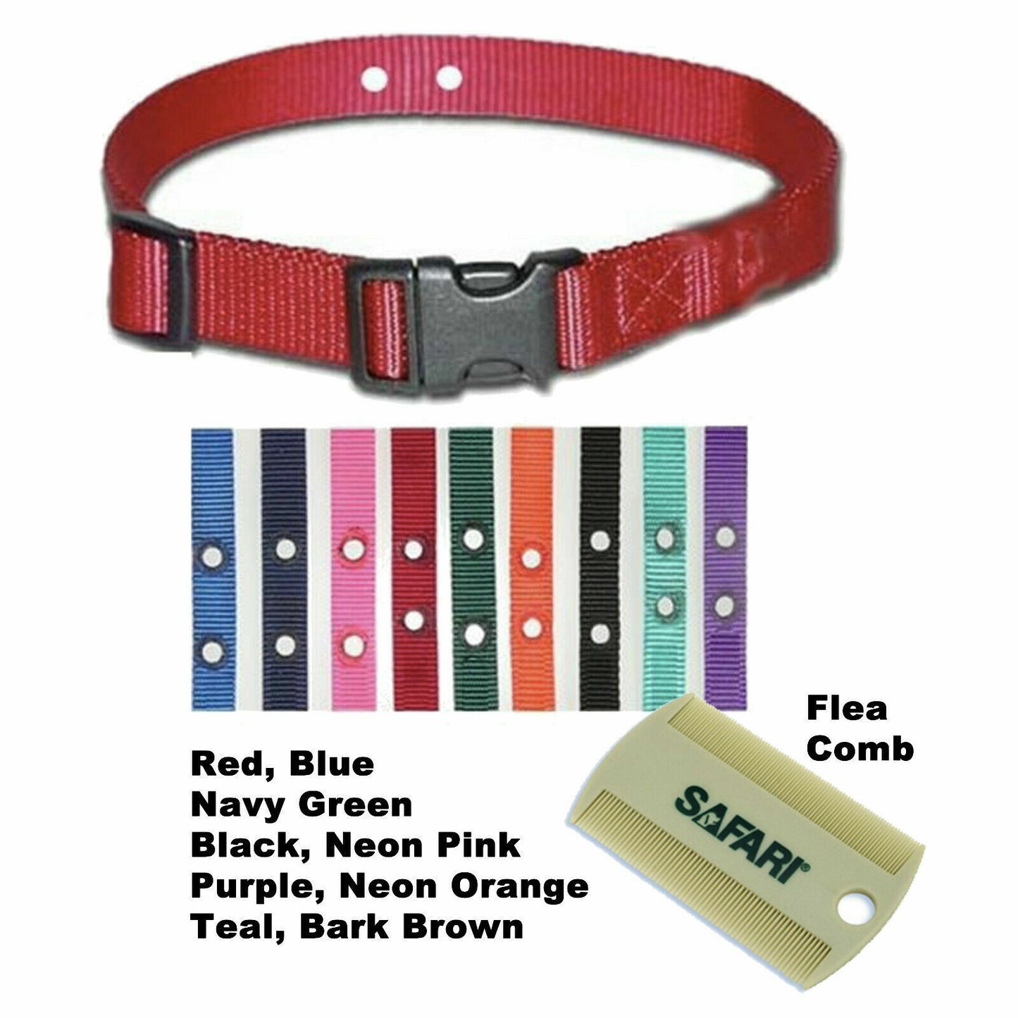 3/4" 2 hole replacement collar strap with Safari flea comb