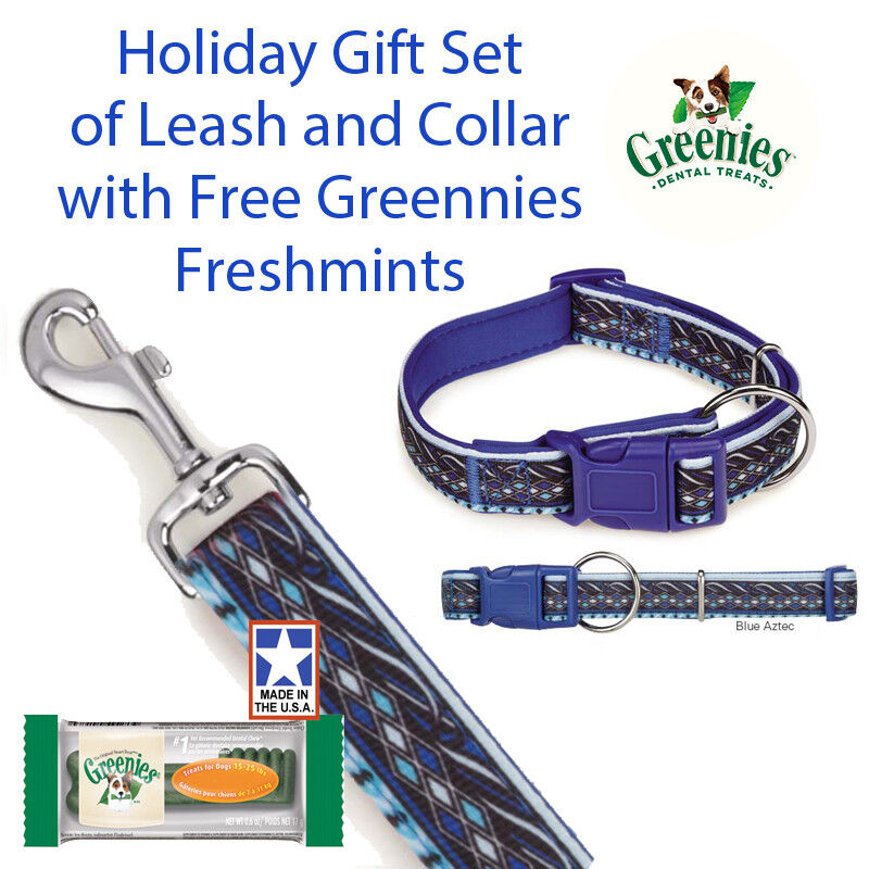 Big Dog Blue Aztec 6 Ft Lead 18-26" 5/8" Collar Gift Set & Free Greenies