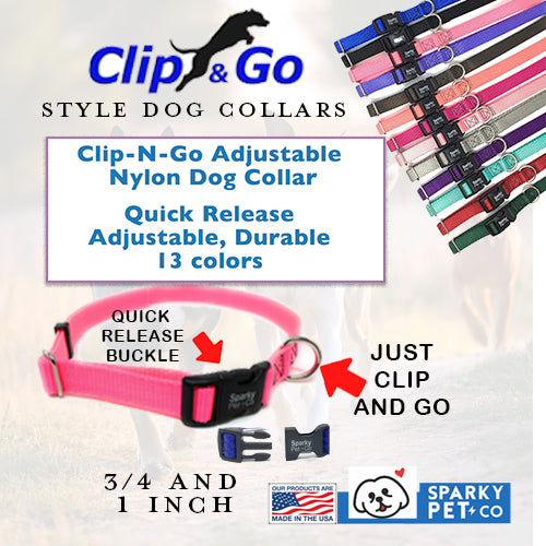 Sparky Pet Co  3/4" Universal Clip-N-Go Adjustable Nylon Dog Collars (Variants)