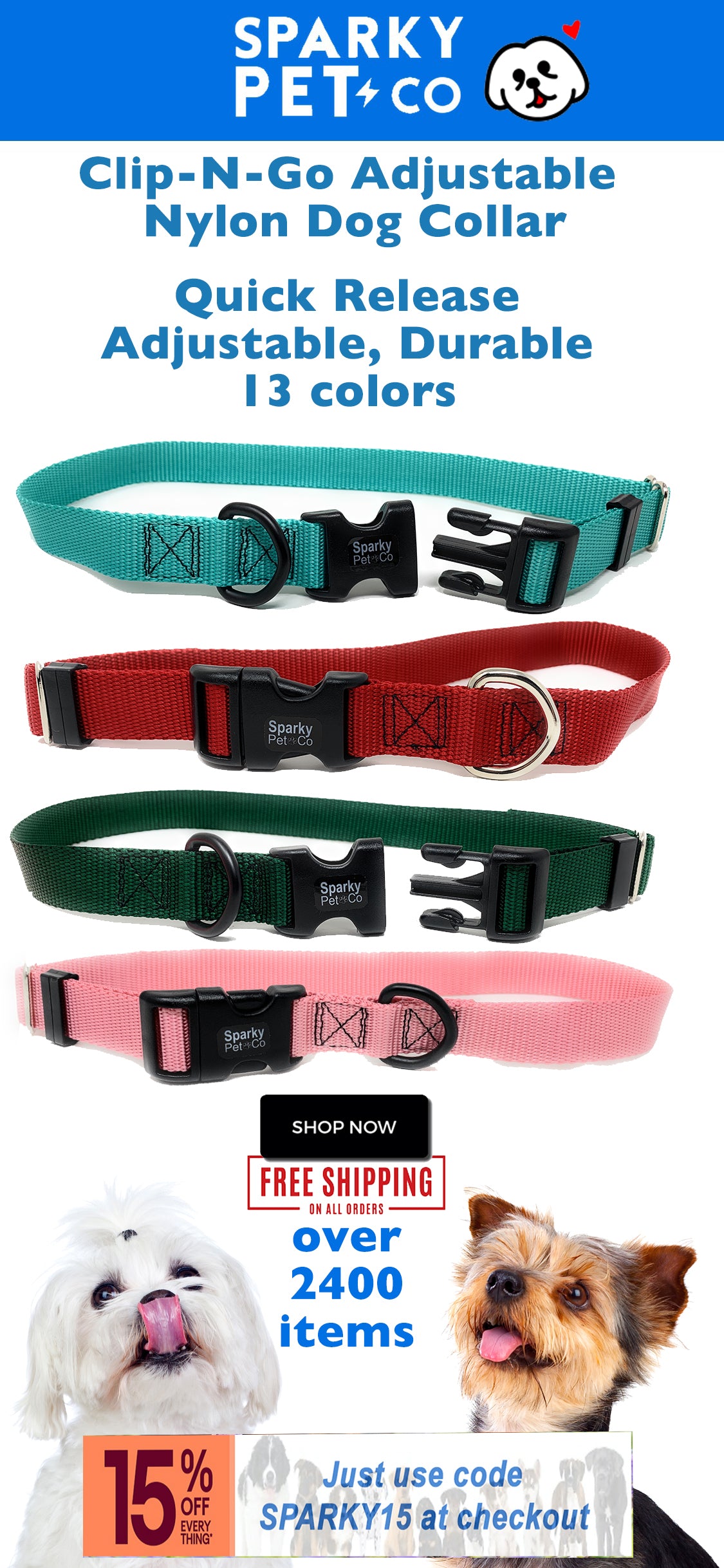 Sparky Pet Co  3/4" Universal Clip-N-Go Adjustable Nylon Dog Collars (Variants)