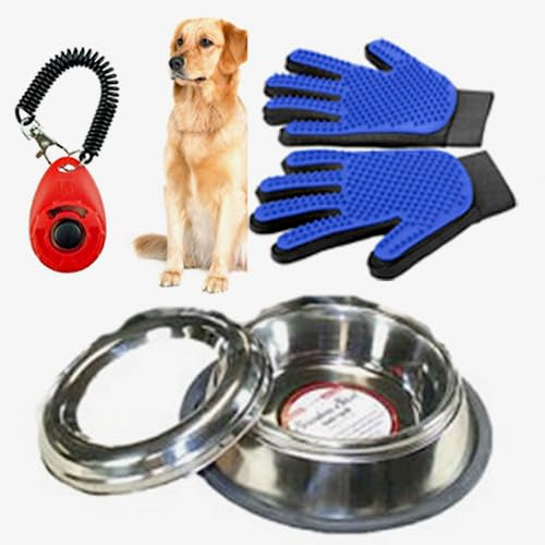 Sparky Pet Co Dog Water Bowl, Grooming Gloves and Clicker Gift Set, 32 oz, Large to XLarge