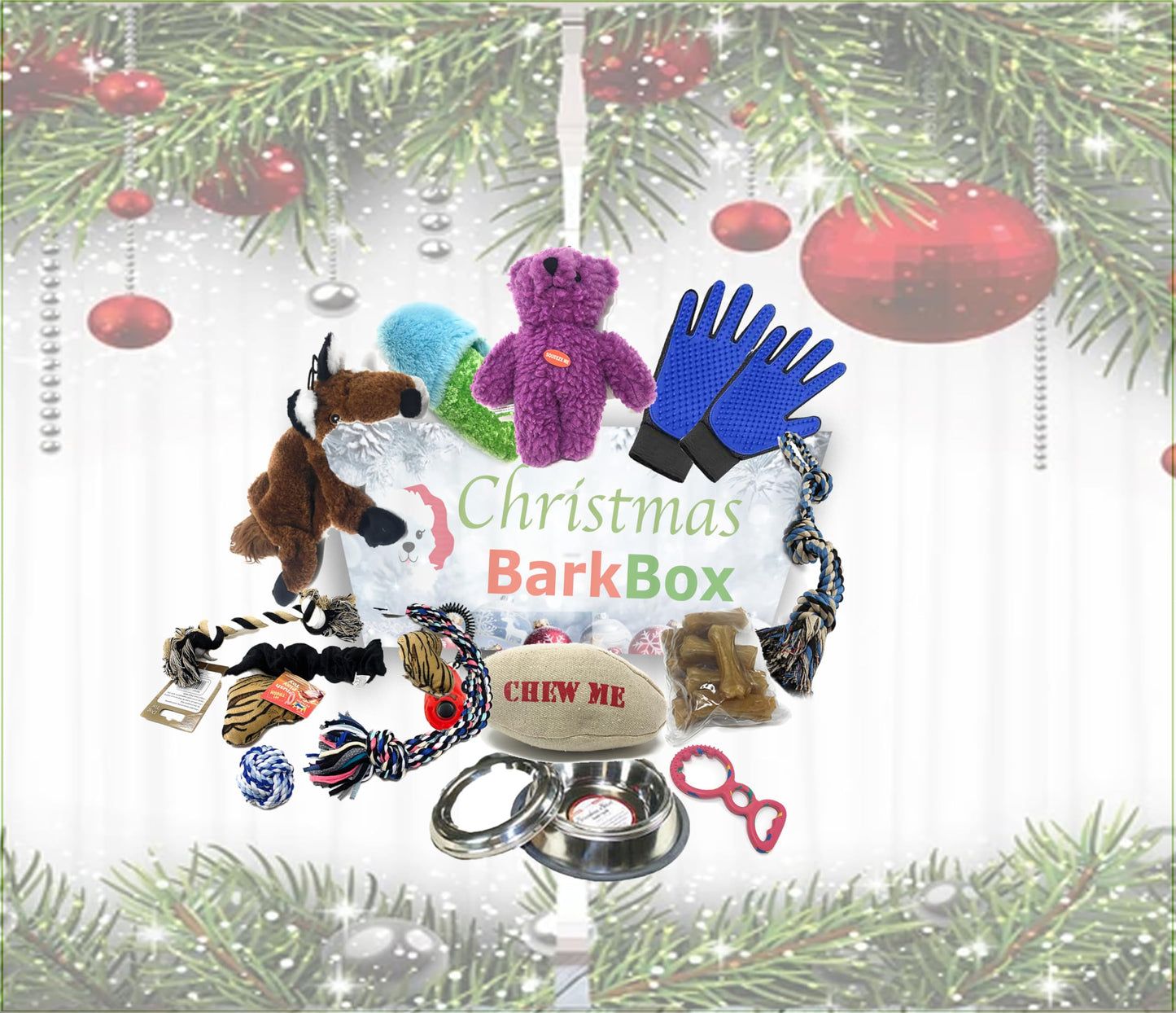 Sparky Pet Co Christmas Dog Gift Set, 15 Pieces: Toys, Bowl, Grooming Gloves, Treats