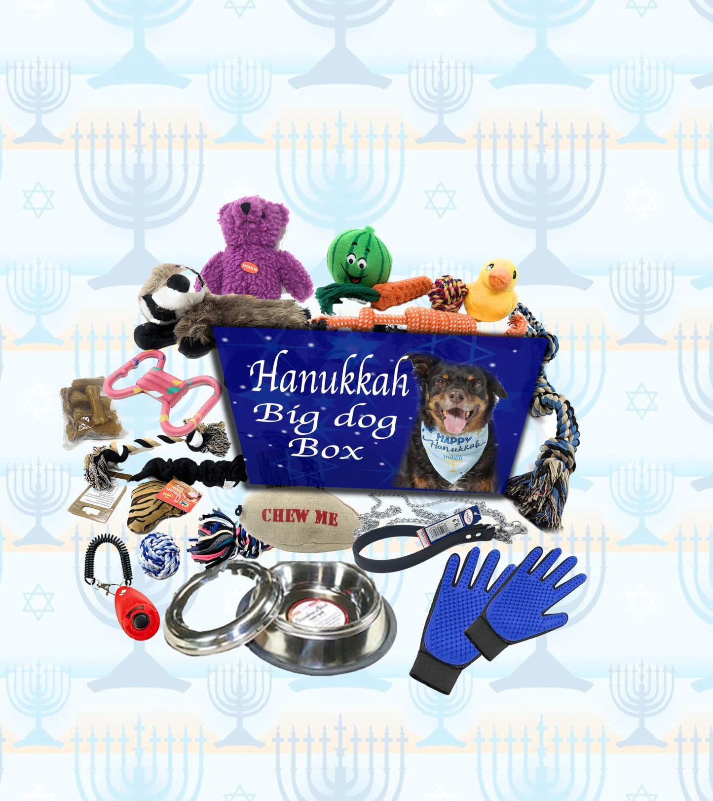 Hanukkah Dog Gift Set Dog Toys Gift Basket Includes a Large 32 oz. Water Bowl, Grooming-Bath Gloves, a Treat, 2 Plush Toys, Chew Tennis Ball, a Latex Toy, Squeaky Plush Bear 15 Piece Gift Basket