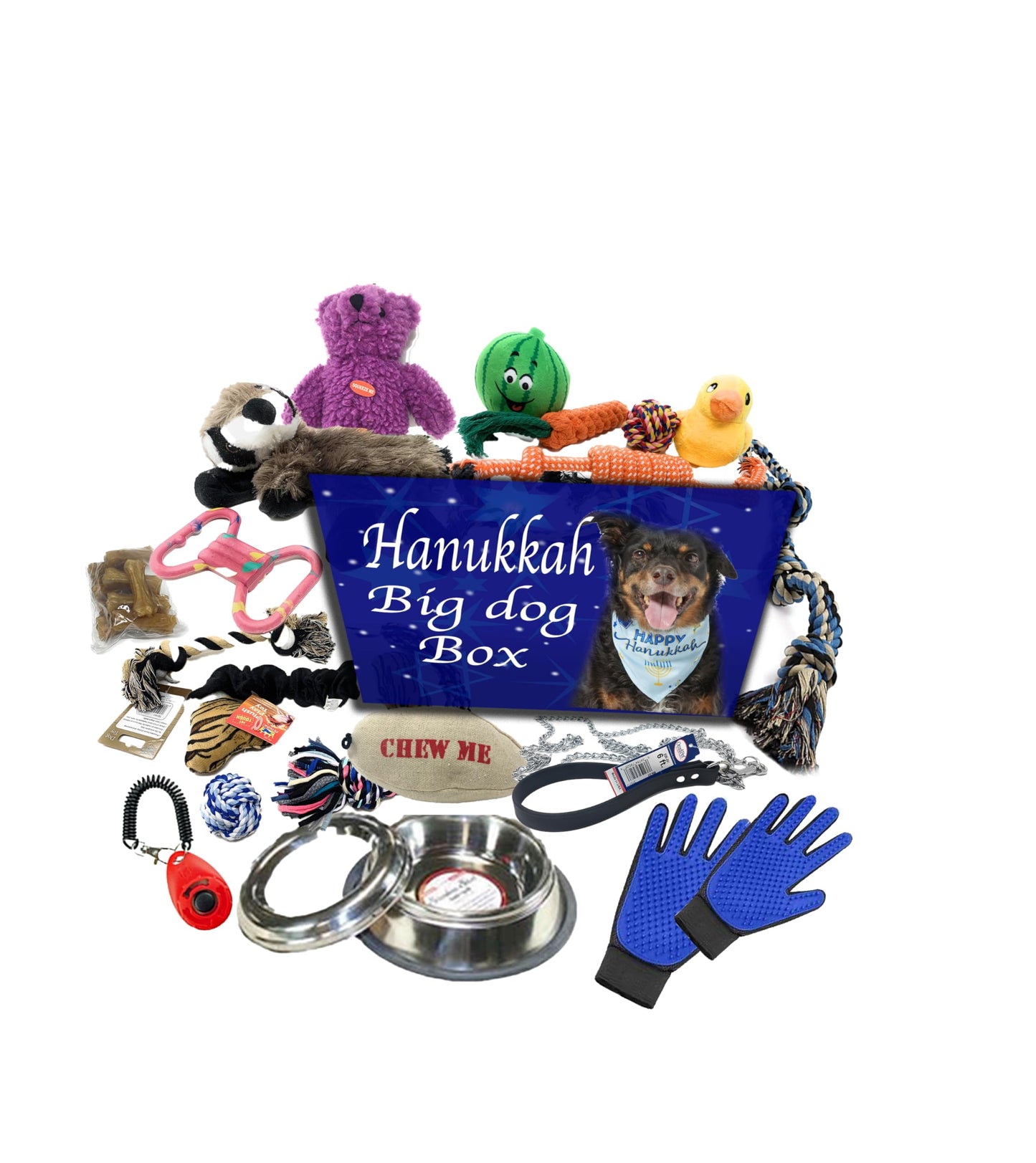 Hanukkah Dog Gift Set Dog Toys Gift Basket Includes a Large 32 oz. Water Bowl, Grooming-Bath Gloves, a Treat, 2 Plush Toys, Chew Tennis Ball, a Latex Toy, Squeaky Plush Bear 15 Piece Gift Basket