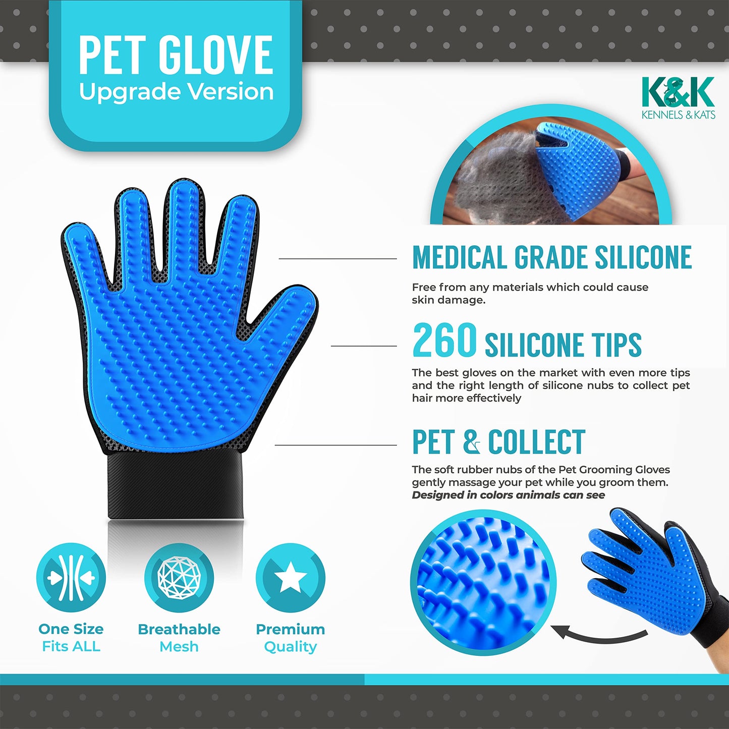 KENNELS & KATS Pet Grooming Gloves Deshedding Glove for Easy Mess-Free Grooming