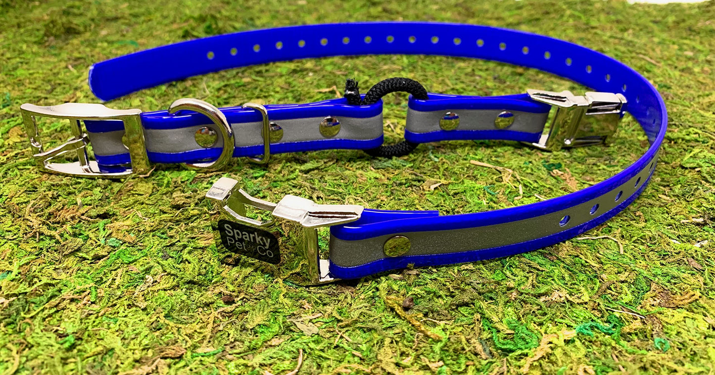 Zeus ECollar Replacement Strap Bungee DoubleBuckle MetalClasp 3/4"x28" Blue Reflective