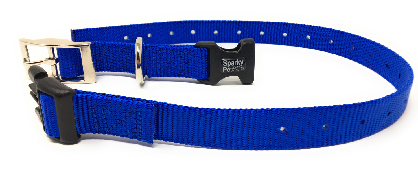 Sparky Pet Co - ECollar Replacement Strap - Easy Release Double Buckle Dog Collar - Rugged Nylon - Adjustable - D Ring - Quick Release Metal Clasp - for Invisible Fence Systems - 3/4" x 24" - Blue