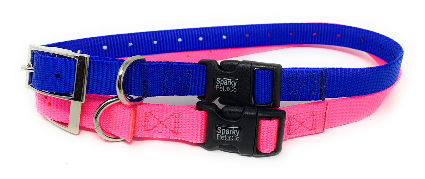 Sparky Pet Co - ECollar Replacement Strap - Easy Release Double Buckle Dog Collar - Rugged Nylon - Adjustable - D Ring - Quick Release Metal Clasp - for Invisible Fence Systems - 3/4" x 24" - Blue