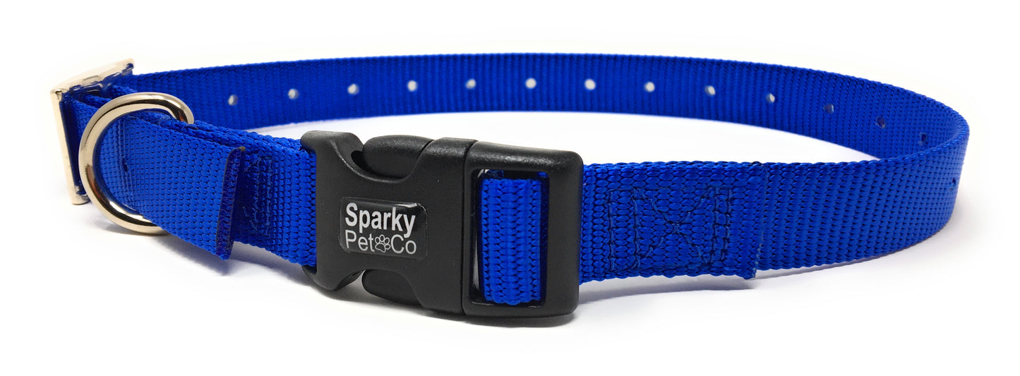 Sparky Pet Co - ECollar Replacement Strap - Easy Release Double Buckle Dog Collar - Rugged Nylon - Adjustable - D Ring - Quick Release Metal Clasp - for Invisible Fence Systems - 3/4" x 24" - Blue