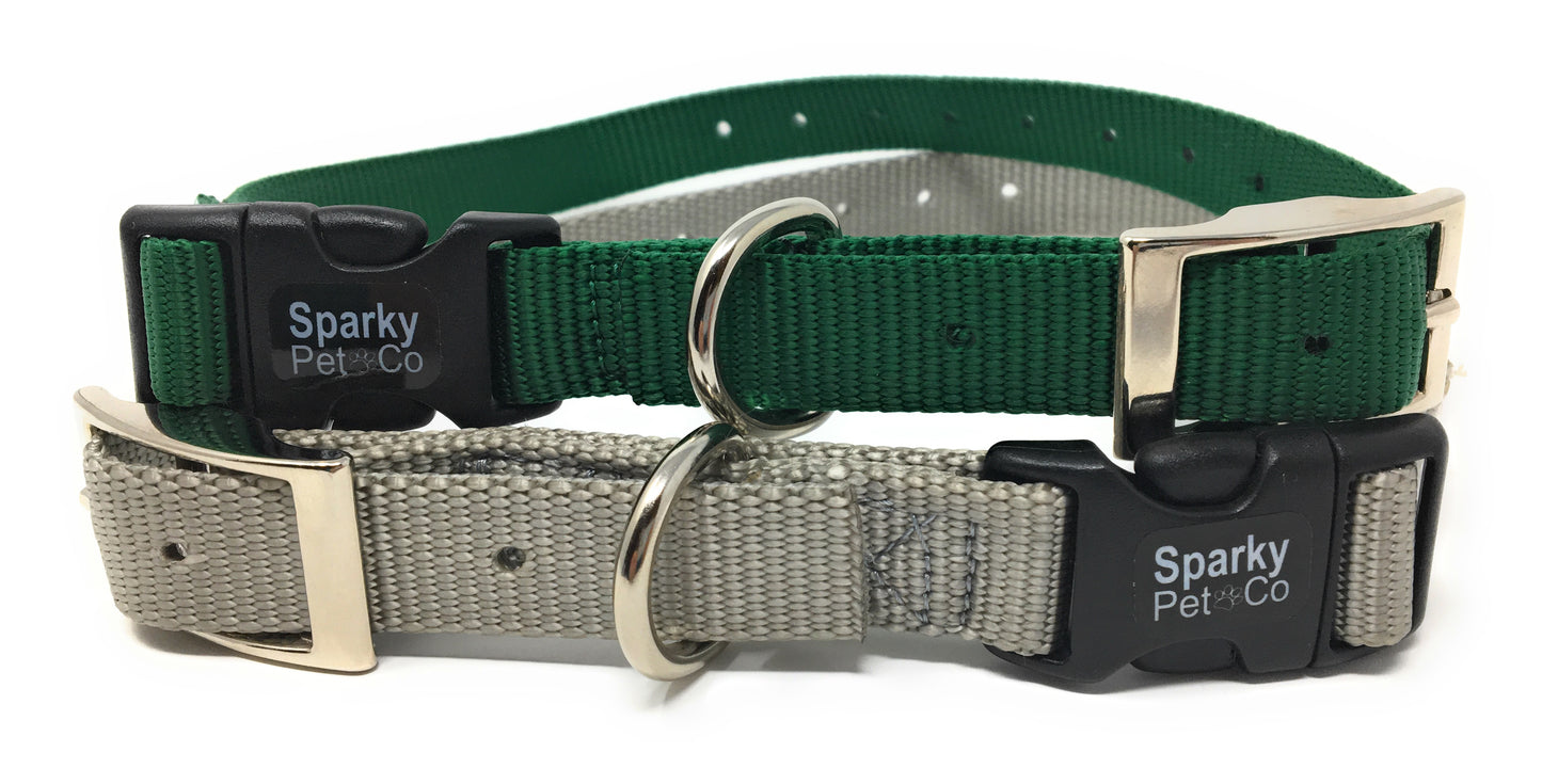 Sparky Pet Co - ECollar Replacement Strap - Easy Release Double Buckle Dog Collar - Rugged Nylon - Adjustable - D Ring - Quick Release Metal Clasp - for Invisible Fence Systems - 1" x 28" - Green