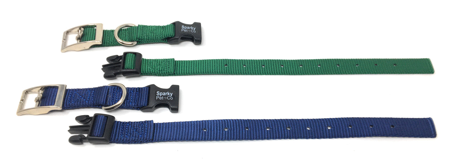 Sparky Pet Co - ECollar Replacement Strap - Easy Release Double Buckle Dog Collar - Rugged Nylon - Adjustable - D Ring - Quick Release Metal Clasp - for Invisible Fence Systems - 1" x 28" - Green